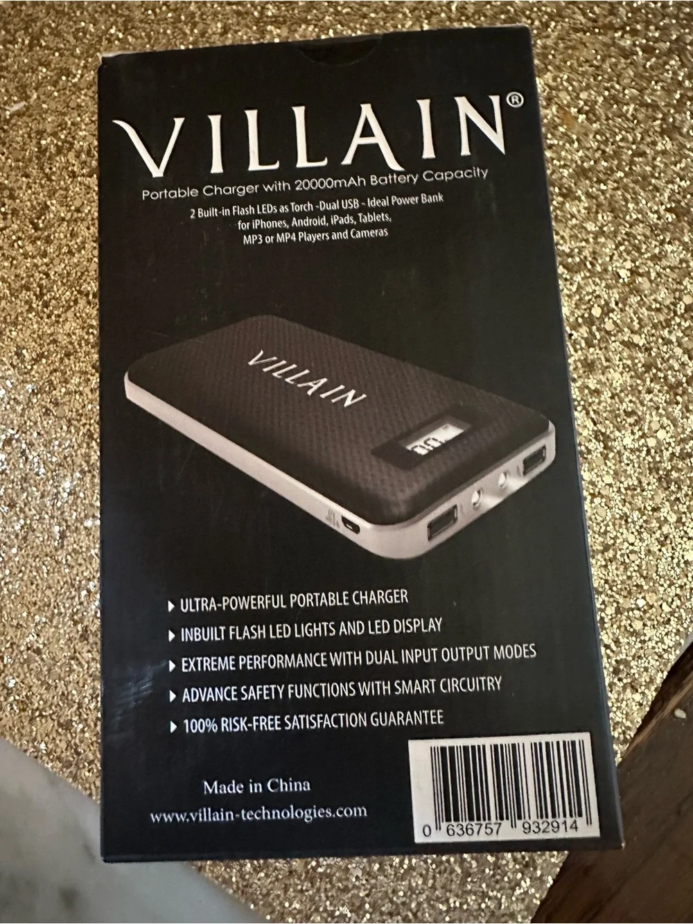 VILLAIN 20000mAh Portable Charger Power Bank 2 built in flash led’s dual usb new